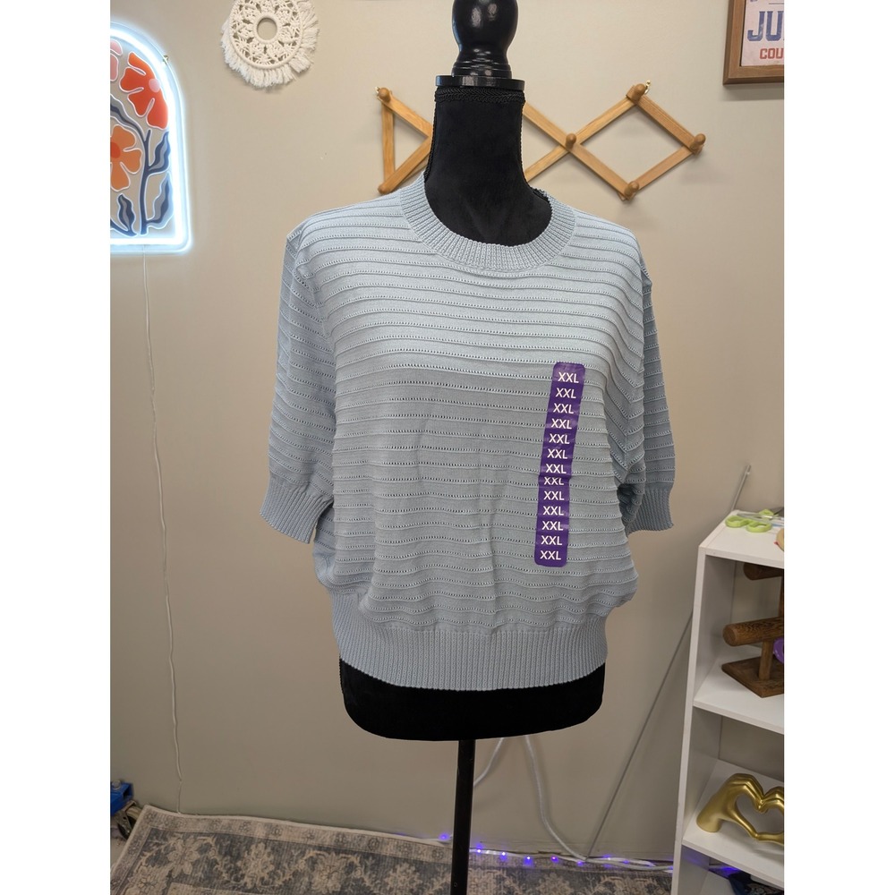Frye Womens XXL Light Blue Short Sleeve Stretchy Pointelle Knit Sweater NWT